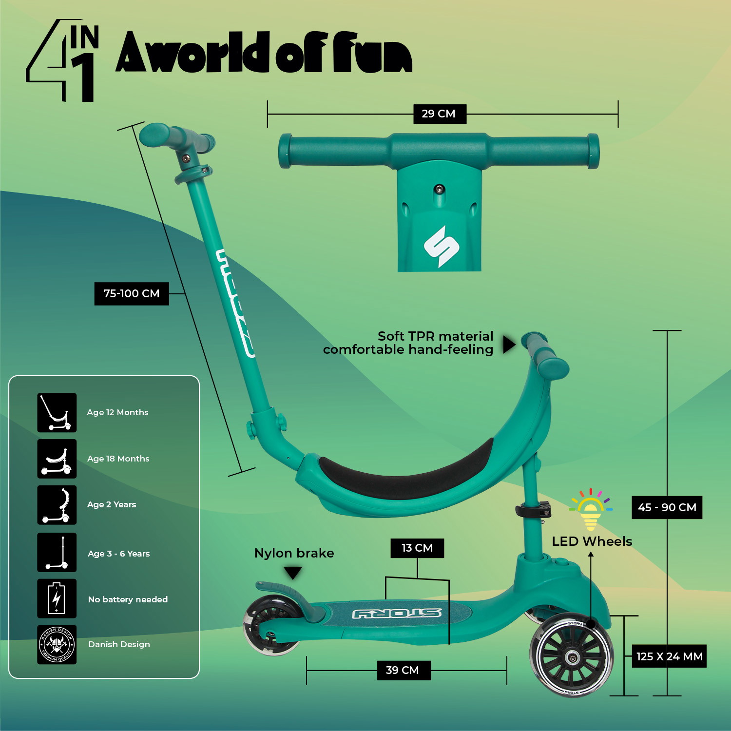 Story 4IN1 LED Trottinette Enfant à 3 Roues