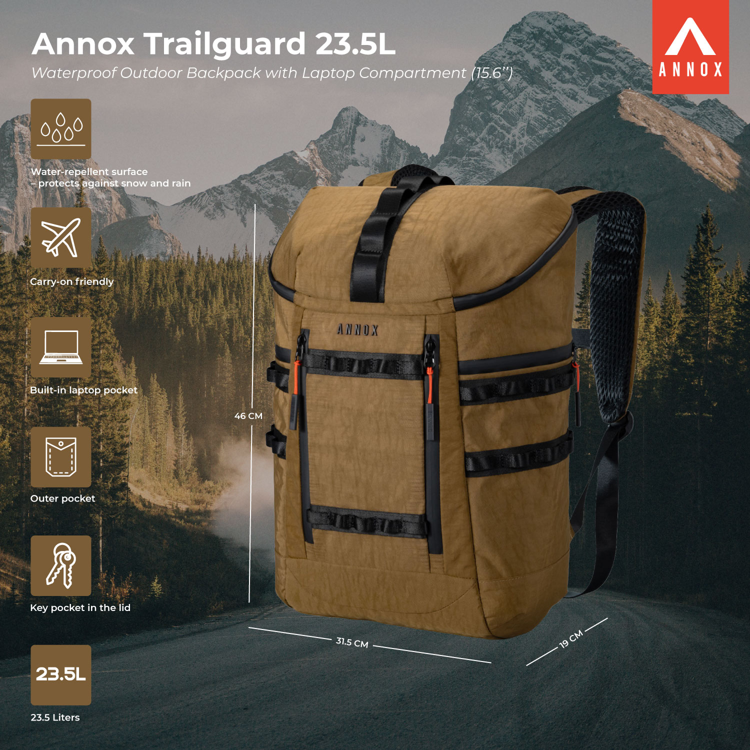 Annox Trailguard 23.5L – Sac à Dos d’Extérieur Imperméable avec Compartiment pour Ordinateur Portable (15,6”)