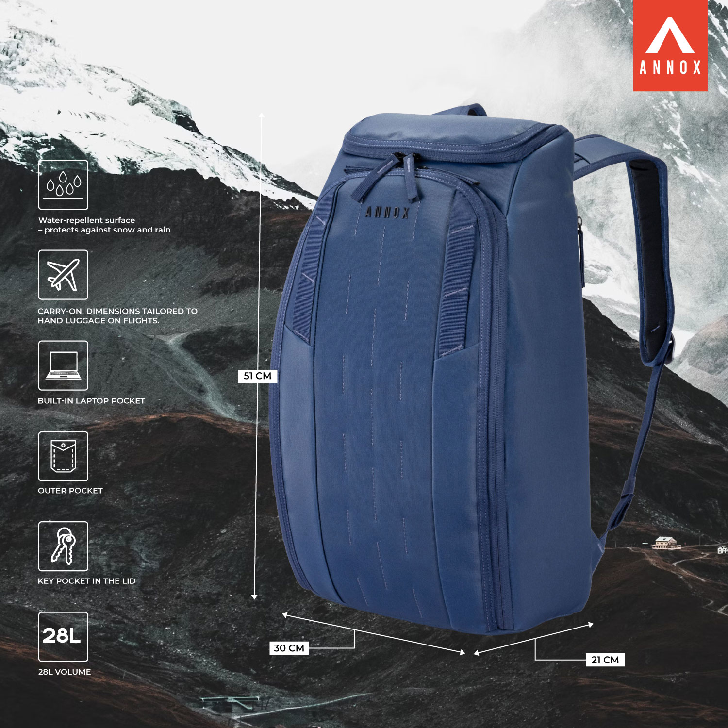 Annox Vault 28L - Sac à Dos Déperlant pour le Ski, le Sport et le Voyage