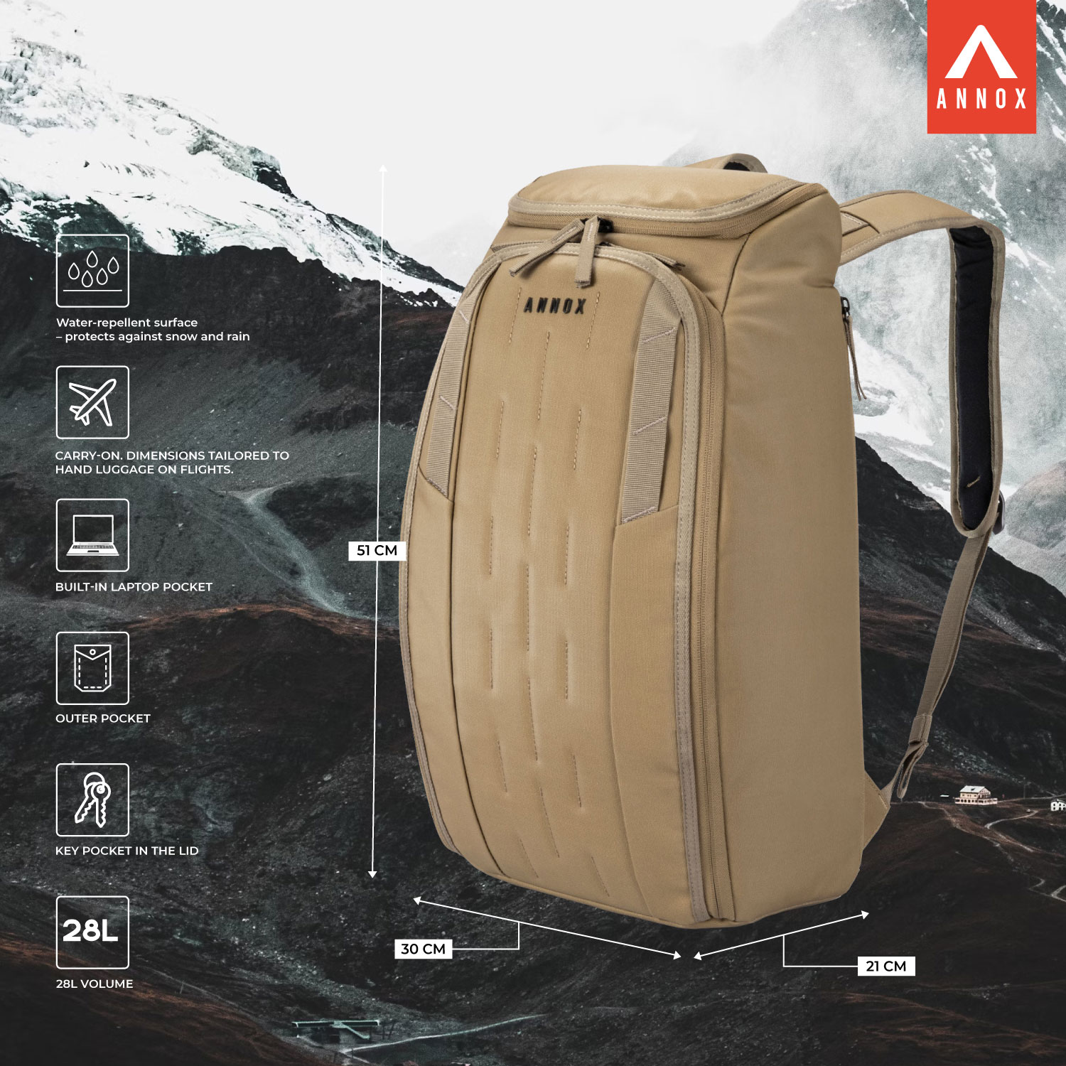 Annox Vault 28L - Sac à Dos Déperlant pour le Ski, le Sport et le Voyage